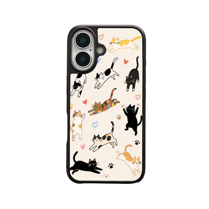 Playful Cats Cartoon iPhone Case – Cute Cat Illustration with Hearts & Paw Prints, Protective Cover | Famaka