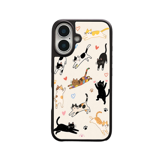Playful Cats Cartoon iPhone Case – Cute Cat Illustration with Hearts & Paw Prints, Protective Cover | Famaka