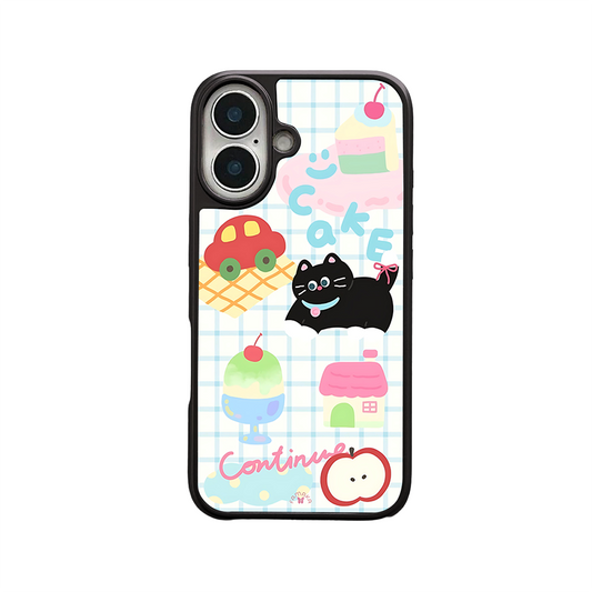 Black Cat & Cake iPhone Case – Cute Cartoon Cat with Dessert & Playful Illustration, Protective Cover | Famaka