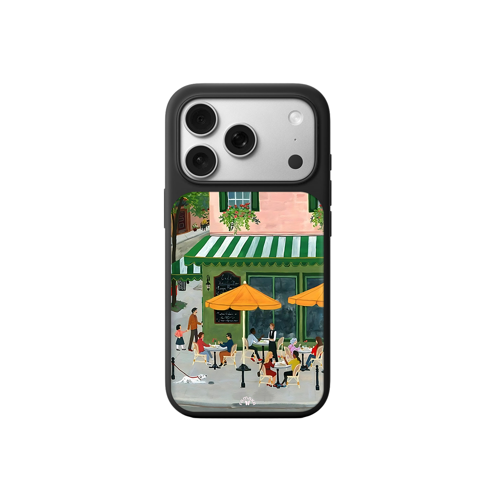 PariCafé Scene iPhone Case – Charming Outdoor Lifestyle Illustration, Protective Cover | FAMAKA