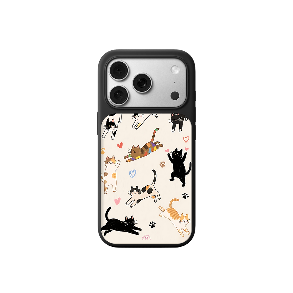 Playful Cats Cartoon iPhone Case – Cute Cat Illustration with Hearts & Paw Prints, Protective Cover | Famaka