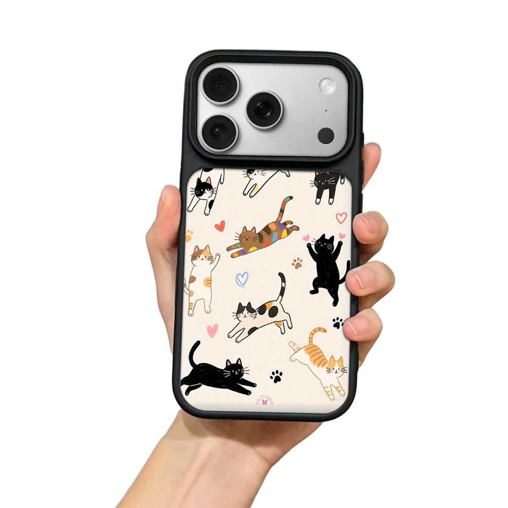 Playful Cats Cartoon iPhone Case – Cute Cat Illustration with Hearts & Paw Prints, Protective Cover | Famaka