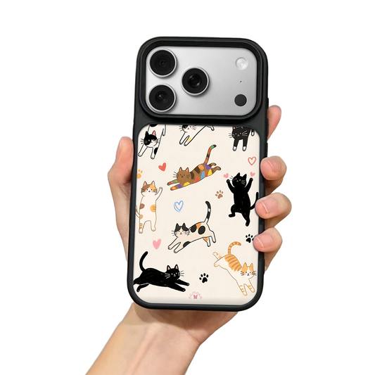 Playful Cats Cartoon iPhone Case – Cute Cat Illustration with Hearts & Paw Prints, Protective Cover | FAMAKA