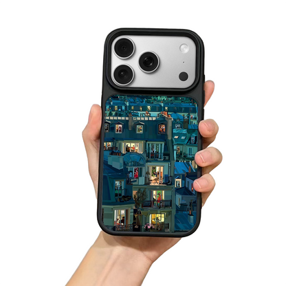 Night City Windows iPhone Case – Cozy Evening Apartment Illustration, Protective Cover | Famaka