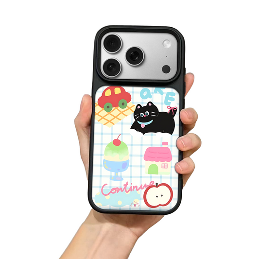 Black Cat & Cake iPhone Case – Cute Cartoon Cat with Dessert & Playful Illustration, Protective Cover | Famaka
