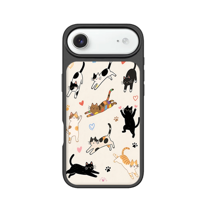 Playful Cats Cartoon iPhone Case – Cute Cat Illustration with Hearts & Paw Prints, Protective Cover | Famaka