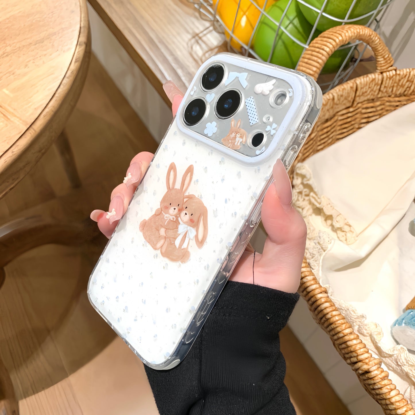 Cute Bunny Couple iPhone Case With Blue Floral Details