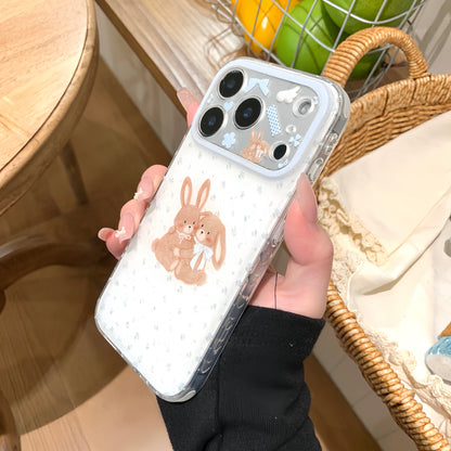 Cute Bunny Couple iPhone Case With Blue Floral Details
