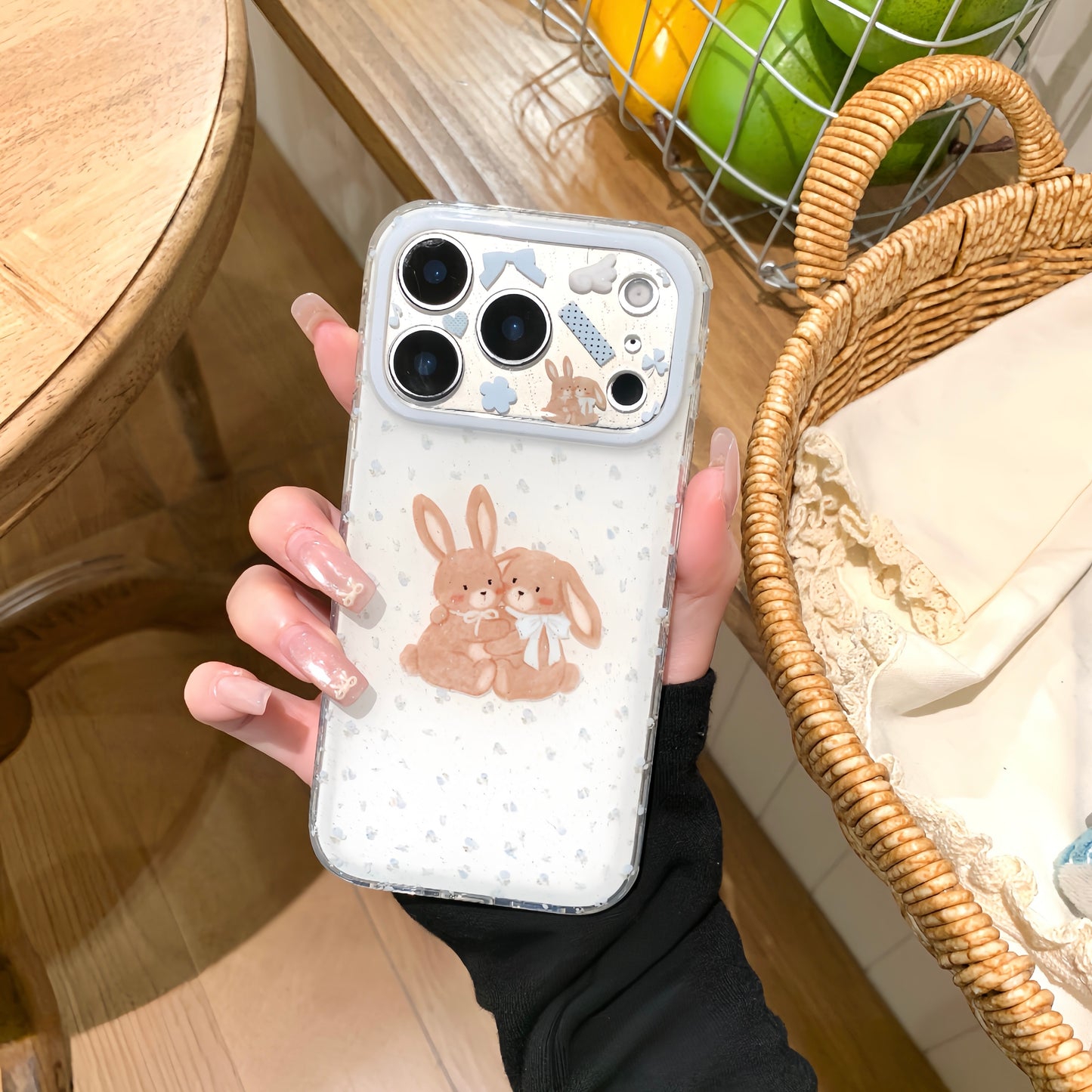 Cute Bunny Couple iPhone Case With Blue Floral Details
