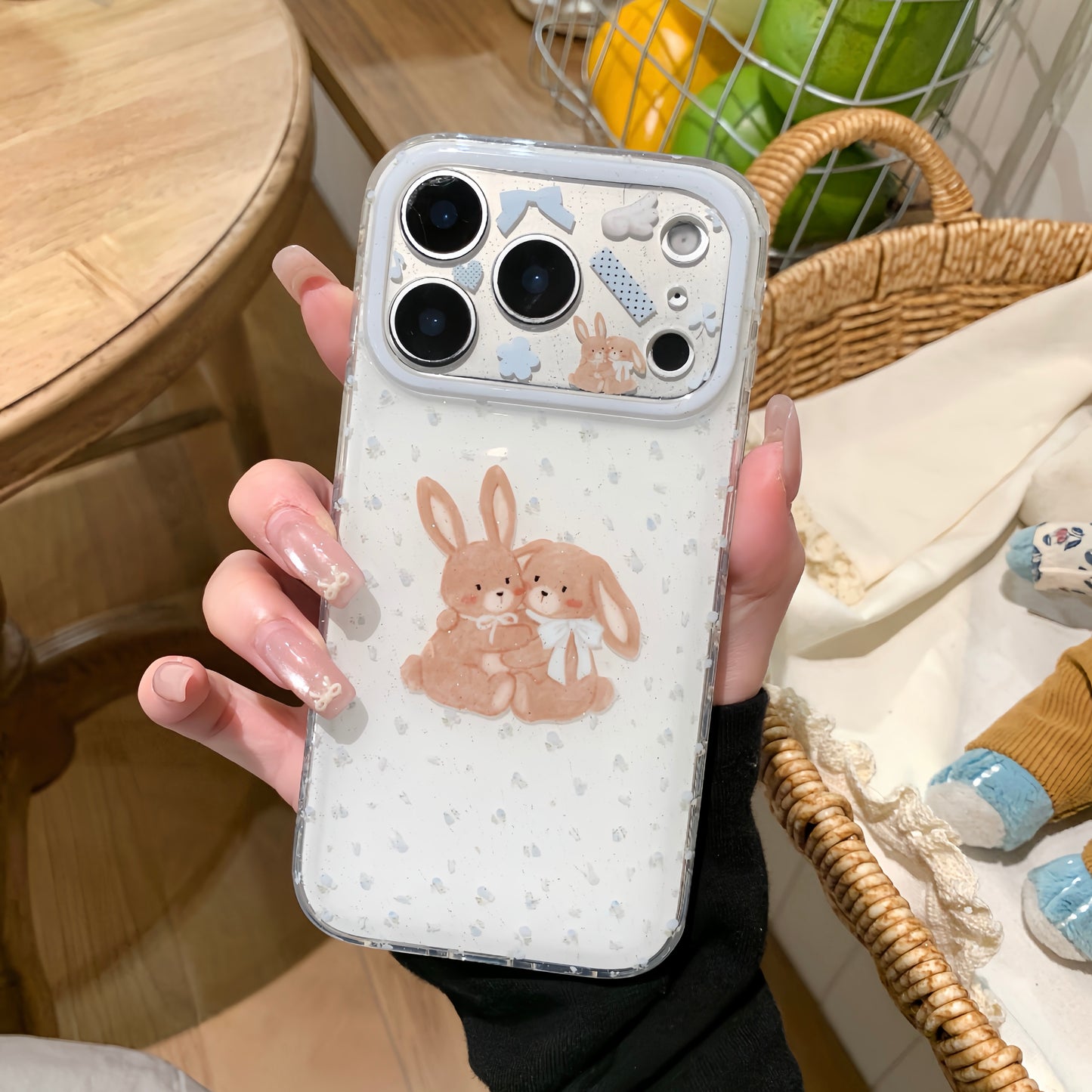 Cute Bunny Couple iPhone Case With Blue Floral Details