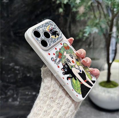 Cute Girl And Black Cat Cartoon iPhone Case
